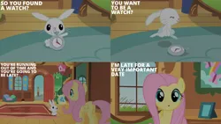 Size: 2000x1125 | Tagged: safe, derpibooru import, edit, edited screencap, editor:quoterific, screencap, angel bunny, fluttershy, a bird in the hoof, clock tower, duo, fluttershy's cottage (interior), g4, image, png, pocket watch