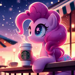 Size: 1024x1024 | Tagged: safe, ai content, derpibooru import, machine learning generated, prompter:equestria pony fans, pinkie pie, earth pony, balcony, city, coffee, cup, drink, evening, female, generator:bing image creator, generator:dall-e 3, image, jpeg, logo, outdoors, sitting, sky, solo, starbucks, starry eyes, stars, steam, streetlight, wingding eyes, wrong cutie mark