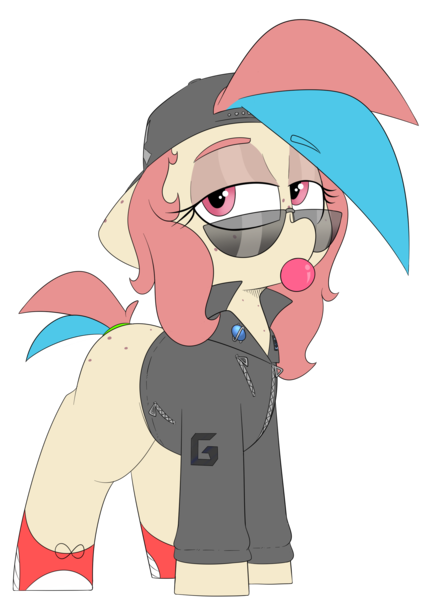 Size: 1823x2523 | Tagged: safe, artist:chaosllama, derpibooru import, oc, oc:jenny bit, unofficial characters only, earth pony, pony, backwards ballcap, baseball cap, bubblegum, cap, clothes, female, food, gum, hat, image, jacket, lidded eyes, mare, multicolored hair, png, shoes, simple background, solo, sunglasses, transparent background