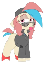 Size: 1823x2523 | Tagged: safe, artist:chaosllama, derpibooru import, oc, oc:jenny bit, unofficial characters only, earth pony, pony, backwards ballcap, baseball cap, bubblegum, cap, clothes, female, food, gum, hat, image, jacket, lidded eyes, mare, multicolored hair, png, shoes, simple background, solo, sunglasses, transparent background