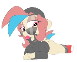 Size: 2661x2151 | Tagged: safe, artist:chaosllama, derpibooru import, oc, oc:jenny bit, unofficial characters only, earth pony, pony, backwards ballcap, baseball cap, bubblegum, cap, clothes, food, freckles, gum, hat, image, jacket, lying down, multicolored hair, png, shoes, short tail, simple background, socks, solo, sticker, sunglasses, tail, transparent background