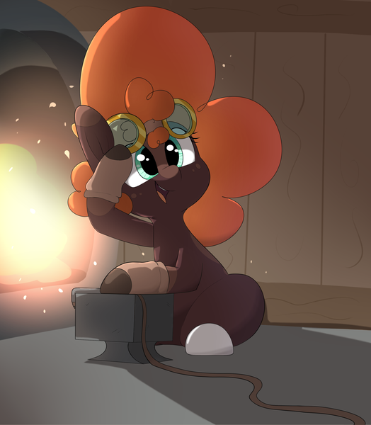 Size: 2472x2833 | Tagged: safe, artist:chaosllama, derpibooru import, oc, oc:sif, unofficial characters only, earth pony, pony, anvil, blacksmith, clothes, female, furnace, gloves, goggles, image, looking at you, looking back, looking back at you, mare, png, poofy mane, solo