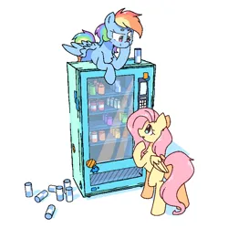 Size: 1600x1600 | Tagged: safe, artist:morningbullet, derpibooru import, fluttershy, rainbow dash, pegasus, pony, bottle, drink, duo, duo female, female, image, png, simple background, soda, soda can, spread wings, thinking, vending machine, white background, wings