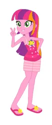 Size: 259x625 | Tagged: safe, artist:leahrow, artist:mak2020, artist:selenaede, derpibooru import, human, equestria girls, base used, beachberry (g4), clothes, cutie mark, cutie mark on clothes, equestria girls-ified, g4, hand on hip, image, peace sign, png, sandals, shoes, simple background, smiling, solo, swimsuit, white background