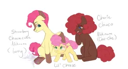 Size: 1024x558 | Tagged: safe, artist:boringartist, derpibooru import, li'l cheese, oc, oc:cherie choc, oc:strawberry cheesecake, earth pony, pony, the last problem, coat markings, colt, eyeshadow, female, filly, foal, grin, high res, hoof on head, image, lidded eyes, makeup, male, name, offspring, parent:cheese sandwich, parent:pinkie pie, parents:cheesepie, png, siblings, simple background, smiling, socks (coat marking), trio, white background