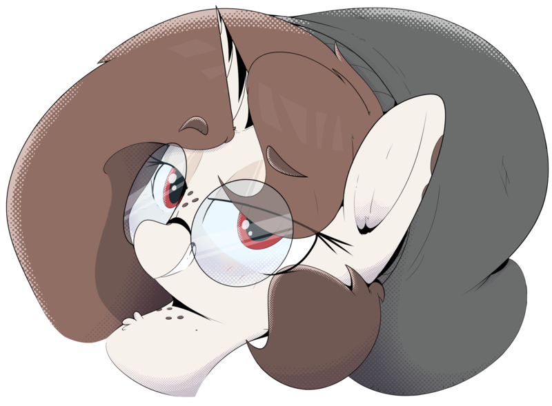 Size: 2258x1662 | Tagged: safe, artist:chaosllama, derpibooru import, oc, oc:mocha bean macchiato, unofficial characters only, pony, unicorn, beanie, bust, freckles, glasses, hat, horn, image, looking at you, png, portrait, simple background, smiling, smirk, solo, transparent background