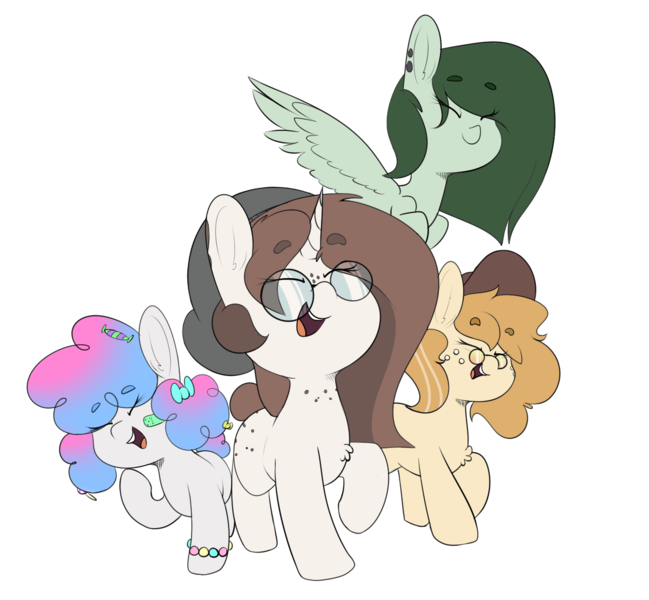 Size: 1452x1342 | Tagged: safe, artist:chaosllama, derpibooru import, oc, oc:macadamia, oc:matcha tea, oc:meringue, oc:mocha bean macchiato, unofficial characters only, earth pony, pegasus, pony, unicorn, beanie, bracelet, candy, flying, food, freckles, glasses, group, group photo, happy, hat, horn, image, jewelry, laughing, multicolored hair, png, sticker