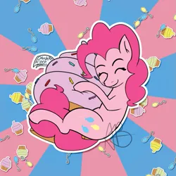 Size: 851x851 | Tagged: safe, artist:mranthony2, derpibooru import, pinkie pie, earth pony, pony, balloon, cupcake, eyes closed, food, g4, giant food, hug, image, plushie, png, smiling, solo, sticker, sunburst background