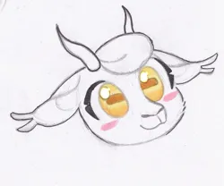 Size: 1033x858 | Tagged: safe, artist:foxtrot3, artist:zephyrsplume, derpibooru import, oc, oc:mellifera, unofficial characters only, changeling, goat, blushing, horns, image, png, smiling, traditional art