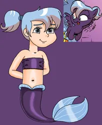 Size: 676x834 | Tagged: safe, artist:ocean lover, derpibooru import, idw, human, mermaid, friends forever, spoiler:comic, arm behind back, bandeau, bare shoulders, bashful, belly, belly button, blue eyes, blue hair, child, cute, fins, fish tail, g4, happy, human coloration, humanized, image, innocent, light skin, loop de loop, mermaid tail, mermaidized, mermay, midriff, ms paint, png, ponytail, purple background, purple tail, reference, shy, simple background, sleeveless, smiling, species swap, tail, tail fin