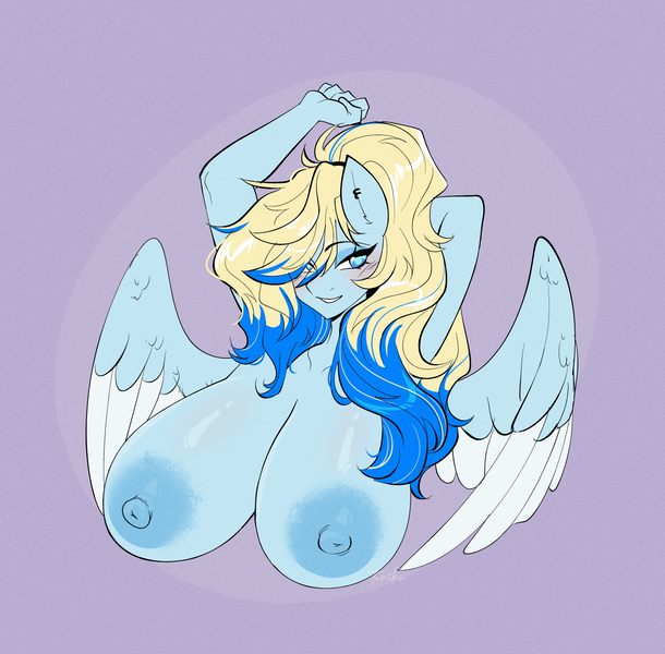Size: 2290x2251 | Tagged: questionable, alternate version, artist:tomi_ouo, derpibooru import, oc, oc:azure opus, unofficial characters only, anthro, pegasus, areola, big breasts, blind, blushing, breasts, bust, ear piercing, female, huge breasts, image, nipples, nudity, piercing, png, smiling, solo, spread wings, stretching, two toned mane, wings