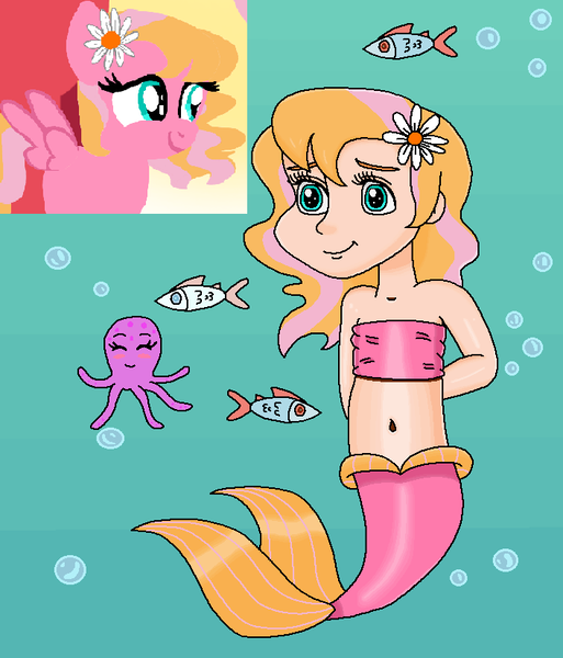 Size: 706x825 | Tagged: safe, artist:mlplary6, artist:ocean lover, derpibooru import, idw, oc, oc:melody blossom, fish, human, mermaid, octopus, friends forever, spoiler:comic, arm behind back, bandeau, bare shoulders, bashful, belly, belly button, blonde hair, blue eyes, bubble, child, cute, fins, fish tail, flower, flower in hair, g4, happy, human coloration, humanized, image, innocent, light skin, mermaid tail, mermaidized, mermay, midriff, ms paint, offspring, parent:big macintosh, parent:fluttershy, parents:fluttermac, pink tail, png, reference, shy, simple background, sleeveless, smiling, species swap, tail, tail fin, teal eyes, two toned hair, underwater, water