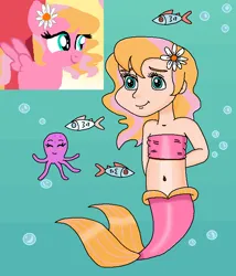 Size: 706x825 | Tagged: safe, artist:mlplary6, artist:ocean lover, derpibooru import, idw, oc, oc:melody blossom, fish, human, mermaid, octopus, friends forever, spoiler:comic, arm behind back, bandeau, bare shoulders, bashful, belly, belly button, blonde hair, blue eyes, bubble, child, cute, fins, fish tail, flower, flower in hair, g4, happy, human coloration, humanized, image, innocent, light skin, mermaid tail, mermaidized, mermay, midriff, ms paint, offspring, parent:big macintosh, parent:fluttershy, parents:fluttermac, pink tail, png, reference, shy, simple background, sleeveless, smiling, species swap, tail, tail fin, teal eyes, two toned hair, underwater, water
