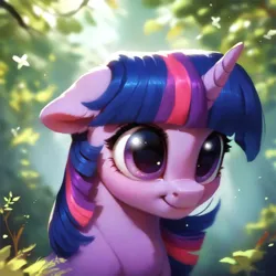 Size: 4096x4096 | Tagged: safe, ai content, derpibooru import, machine learning assisted, machine learning generated, stable diffusion, twilight sparkle, pony, unicorn, beautiful, big eyes, blue mane, blushing, cute, detailed, ear fluff, fluffy, forest, generator:purplesmart.ai, horn, image, leaf, looking at you, nature, png, prompter:saltyvity, purple eyes, smiling, smiling at you, solo, sparkles, tree
