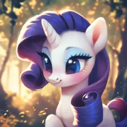 Size: 4096x4096 | Tagged: safe, ai content, derpibooru import, machine learning assisted, machine learning generated, stable diffusion, rarity, pony, unicorn, autumn, beautiful, blue eyes, blushing, cute, detailed, ear fluff, eyeshadow, fluffy, forest, generator:purplesmart.ai, horn, image, leaf, makeup, nature, png, prompter:saltyvity, purple mane, smiling, solo, sparkles, tree