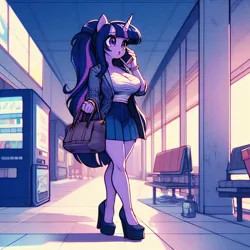 Size: 1024x1024 | Tagged: safe, ai content, derpibooru import, machine learning generated, twilight sparkle, anthro, unicorn, adorasexy, bag, big breasts, breasts, busty twilight sparkle, cleavage, clothes, cute, female, g4, handbag, high heels, horn, image, jacket, mobile phone, open mouth, phone, png, ponytail, prompter:horselover fat, purse, sexy, shirt, shoes, skirt, solo, talking on phone, tiled floor, vending machine, walking