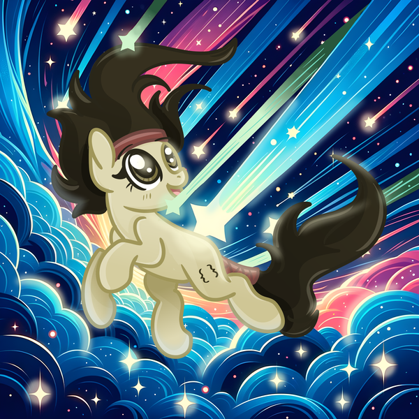 Size: 3500x3500 | Tagged: safe, artist:redpalette, derpibooru import, oc, oc:null, earth pony, pony, earth pony oc, falling, female, headband, image, mare, png, ponytail, sgap, smiling, sogreatandpowerful, sparkle, stars, vibrant