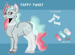 Size: 2320x1714 | Tagged: safe, artist:captaincassidy, derpibooru import, oc, oc:taffy twist, unofficial characters only, unicorn, big ears, blue background, blue mane, bracelet, cutie mark, freckles, g4, gray coat, heterochromia, hooves, horn, image, jewelry, lace, lace collar, lace stockings, light gray coat, pink mane, png, reference sheet, simple background, tail, two toned mane, white lace