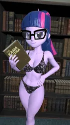Size: 1080x1920 | Tagged: suggestive, artist:oatmeal!, derpibooru import, sci-twi, twilight sparkle, human, equestria girls, 3d, bedroom eyes, belly, belly button, book, bra, breasts, cleavage, clothes, collarbone, g4, glasses, gmod, hand on hip, image, lace, legs together, library, lingerie, looking at you, png, sexy, slender, solo, standing, thin, underwear, widescreen