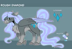 Size: 2903x2000 | Tagged: safe, artist:captaincassidy, derpibooru import, oc, oc:rough diamond, unofficial characters only, pegasus, pony, female, gray coat, hooves, image, large wings, mare, pegasus oc, png, purple mane, reference sheet, solo, sparkly mane, tan coat, wings