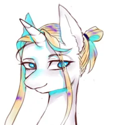 Size: 440x476 | Tagged: safe, artist:moshuijiumu, derpibooru import, oc, unofficial characters only, pony, unicorn, blonde hair, blue eyes, bust, horn, image, jpeg, simple background, smiling, solo, unicorn oc, white background, white coat