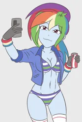 Size: 1938x2900 | Tagged: suggestive, artist:sumin6301, derpibooru import, rainbow dash, human, equestria girls, 2d, belly button, breasts, busty rainbow dash, cleavage, clothes, coke, drink, female, g4, gloves, gray background, high res, image, jacket, jpeg, looking at you, panties, phone, pockets, selfie, simple background, smiling, smiling at you, socks, soda, solo, solo female, striped bra, striped panties, striped underwear, thigh highs, thigh socks, underwear, white background