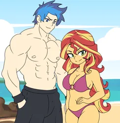 Size: 2750x2816 | Tagged: safe, artist:aokushan, derpibooru import, flash sentry, sunset shimmer, human, equestria girls, beach, bikini, breasts, busty sunset shimmer, clothes, female, flashimmer, flex sentry, g4, image, male, muscles, muscular male, png, shipping, straight, swimming trunks, swimsuit, wristband