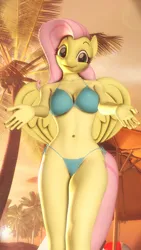 Size: 2160x3840 | Tagged: suggestive, alternate version, artist:artempredator, derpibooru import, ponerpics import, fluttershy, anthro, pegasus, plantigrade anthro, 3d, afternoon, alternate character, belly button, bikini, bikini bottom, bikini top, blender, breasts, busty fluttershy, cleavage, clothes, commission, commissioner:nerothewizard, eyebrows, female, g4, image, jpeg, legs, looking at you, midriff, not sfm, outdoors, palm tree, parasol (umbrella), solo, string bikini, sunset, swimsuit, thighs, tree, wings, ych result