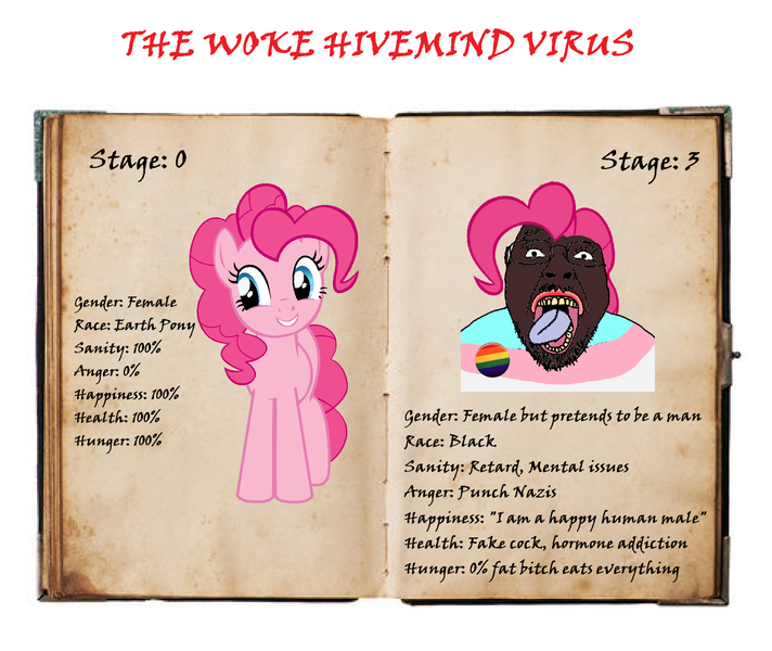 Size: 1436x1210 | Tagged: safe, edit, editor:666, ponerpics import, pinkie pie, human, pony, bigot, black, faggot, female, humanized, image, infection, infection au, meme, nigger, png, soyjak, transphobia, troonjak, vulgar, wojak, woke