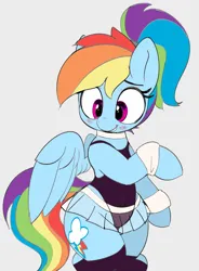 Size: 1997x2714 | Tagged: safe, artist:pabbley, color edit, derpibooru import, edit, rainbow dash, pegasus, pony, semi-anthro, alternate hairstyle, bipedal, blush lines, blushing, choker, clothes, colored, female, g4, high res, hockless socks, image, leotard, looking down, mare, png, ponytail, rainbow dash always dresses in style, see-through, simple background, skirt, smiling, socks, solo, stockings, thigh highs, wide hips, wristband