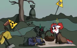 Size: 1440x906 | Tagged: safe, artist:thomas.senko, derpibooru import, oc, oc:red rocket, oc:thomas senko, unicorn, fallout equestria, bandana, basket, blanket, blushing, bomb, boots, clothes, female, hammer, horn, image, male, picnic, png, shoes, wasteland, weapon