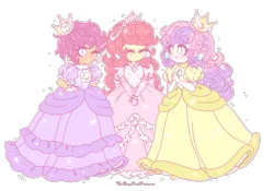 Size: 1820x1275 | Tagged: safe, artist:therosypinkprincess, derpibooru import, apple bloom, scootaloo, sweetie belle, human, equestria girls, blushing, clothes, crown, cutie mark crusaders, dress, eyes closed, g4, gown, image, jewelry, one eye closed, open mouth, png, regalia, simple background, smiling, sparkles, text, transparent background, wink