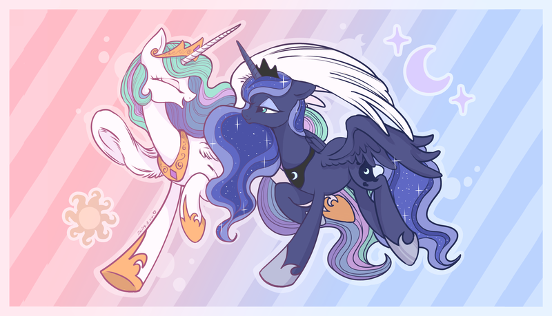 Size: 3800x2182 | Tagged: safe, artist:cao9591791, derpibooru import, princess celestia, princess luna, alicorn, pony, eyes closed, female, image, looking at each other, looking at someone, mare, outline, patterned background, png, royal sisters, siblings, sisters, smiling, smiling at each other