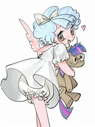 Size: 1600x2133 | Tagged: safe, artist:恶役轮回中, derpibooru import, cozy glow, twilight sparkle, anthro, pegasus, pony, bloomers, clothes, cozybetes, cute, dress, female, filly, foal, glasses, heart, hug, image, jpeg, open mouth, plushie, simple background, smiling, solo, spread wings, twilight sparkle plushie, white background, wings