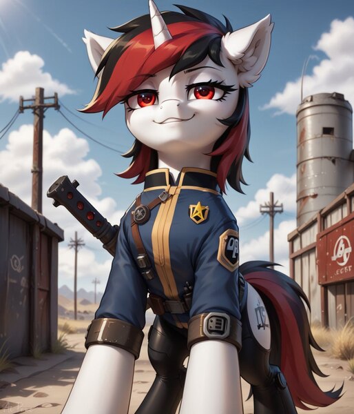 Size: 1097x1280 | Tagged: safe, ai content, derpibooru import, machine learning generated, prompter:midnightdashie, stable diffusion, oc, oc:blackjack, pony, unicorn, fallout equestria, fallout equestria: project horizons, blackjack, fanfic art, generator:pony diffusion v6 xl, horn, image, jpeg, looking at you, outdoors, smiling, solo, wasteland