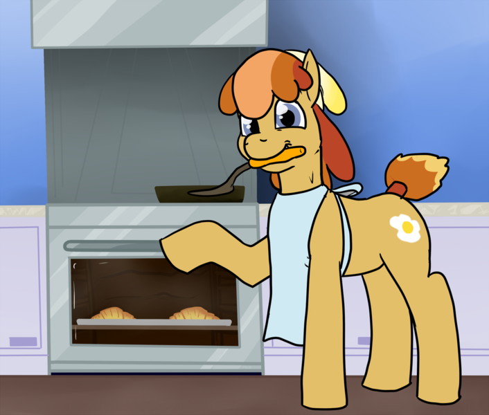 Size: 1411x1200 | Tagged: safe, artist:pony quarantine, derpibooru import, oc, oc:omelette, unofficial characters only, earth pony, pony, apron, baking, bread, clothes, croissant, food, gift art, image, indoors, kitchen, looking at you, male, mouth hold, oven, png, raised hoof, smiling, smiling at you, solo, spatula, stallion, tail, tail wrap