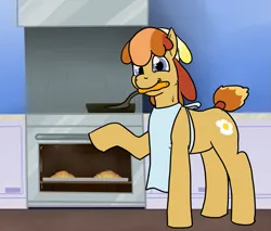 Size: 1411x1200 | Tagged: safe, artist:pony quarantine, derpibooru import, oc, oc:omelette, unofficial characters only, earth pony, pony, apron, baking, bread, clothes, croissant, food, gift art, image, indoors, kitchen, looking at you, male, mouth hold, oven, png, raised hoof, smiling, smiling at you, solo, spatula, stallion, tail, tail wrap