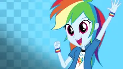 Size: 3840x2160 | Tagged: safe, artist:octosquish7260, derpibooru import, rainbow dash, human, equestria girls, 4k, alternate clothes, checkered background, clothes, collar, cutie mark, cutie mark on clothes, female, fist, g4, hand, hands in the air, high res, image, jacket, long hair, my little pony equestria girls: choose your own ending, open mouth, open smile, png, shirt, short sleeves, smiling, solo, t-shirt, teenager, teeth, updated, vest, wristband