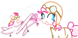 Size: 716x348 | Tagged: safe, artist:algoatall, ponerpics import, pinkie pie, earth pony, pony, aviator goggles, clothes, female, flying, goggles, image, mare, pilot, pinktober, pinktober 2023, plane, png, simple background, smiling, white background