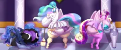 Size: 6084x2520 | Tagged: suggestive, artist:blues64, artist:marauder6272, derpibooru import, princess cadance, princess celestia, princess luna, alicorn, anthro, alicorn triarchy, all fours, bedroom eyes, bent over, big breasts, blushing, breasts, broom, busty princess cadance, busty princess celestia, busty princess luna, butt, butt focus, clothes, duster, female, females only, g4, huge breasts, huge butt, image, impossibly large breasts, impossibly large butt, large butt, looking at you, lovebutt, maid, moonbutt, panties, png, presenting, rearboob, sideboob, skirt, socks, sponge, stockings, sunbutt, thigh highs, thighs, thunder thighs, trio, underwear, upskirt, wide hips