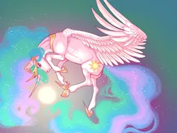 Size: 1333x1000 | Tagged: safe, artist:snowberry, derpibooru import, princess celestia, alicorn, pony, abstract background, crown, curved horn, ethereal mane, female, flying, g4, gold, horn, image, jewelry, mare, multicolored hair, png, pose, realistic anatomy, realistic horse legs, regalia, sparkles, sun, wings