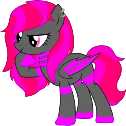 Size: 570x568 | Tagged: artist needed, safe, derpibooru import, oc, oc:fuscia midnightv, unofficial characters only, bat pony, pony, bat pony oc, bat wings, ear piercing, earring, female, folded wings, image, jewelry, mare, piercing, png, raised hoof, simple background, smiling, solo, tail, transparent background, wings