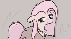 Size: 717x401 | Tagged: safe, artist:algoatall, ponerpics import, fluttershy, earth pony, pony, blushing, collar, ear piercing, earring, emo, female, image, jewelry, mare, messy mane, piercing, pinktober, pinktober 2023, png, smiling