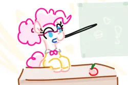 Size: 548x367 | Tagged: safe, artist:somethingatall, ponerpics import, pinkie pie, earth pony, pony, apple, chalkboard, clothes, desk, female, food, glasses, hair bun, image, mare, mouth hold, pinktober, pinktober 2023, png, pointer, smiling, teacher, teaching