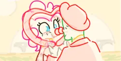 Size: 716x360 | Tagged: safe, artist:somethingatall, ponerpics import, pinkie pie, oc, oc:anon, earth pony, human, pony, balloon, clothes, clown makeup, clown nose, female, gloves, happy, hat, human male, image, male, mare, music video reference, parody, pinktober, pinktober 2023, png, smiling
