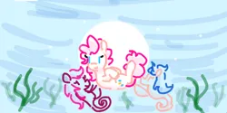 Size: 716x359 | Tagged: safe, artist:somethingatall, ponerpics import, pinkie pie, earth pony, pony, bubble, female, image, mare, pinktober, pinktober 2023, png, sea ponies, seaweed, smiling, underwater