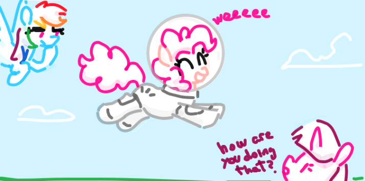 Size: 715x356 | Tagged: safe, artist:algoatall, ponerpics import, pinkie pie, rainbow dash, twilight sparkle, earth pony, pony, ^^, astronaut, confused, eyes closed, female, flying, happy, image, mare, pinktober, pinktober 2023, png, text, weeeeeeee