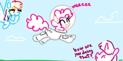 Size: 715x356 | Tagged: safe, artist:somethingatall, ponerpics import, pinkie pie, rainbow dash, twilight sparkle, earth pony, pony, ^^, astronaut, confused, eyes closed, female, flying, happy, image, mare, pinktober, pinktober 2023, png, text, weeeeeeee