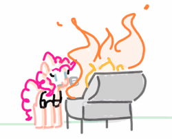 Size: 441x356 | Tagged: safe, artist:somethingatall, ponerpics import, pinkie pie, earth pony, pony, animated, female, fire, gif, image, mare, mouth hold, pinktober, pinktober 2023, simple background, smiling, solo, spatula, this is fine, white background