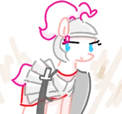 Size: 386x363 | Tagged: safe, artist:algoatall, ponerpics import, pinkie pie, earth pony, pony, alternate hairstyle, armor, female, guard, guardsmare, image, mare, pinktober, pinktober 2023, png, royal guard, shield, simple background, solo, sword, weapon, white background